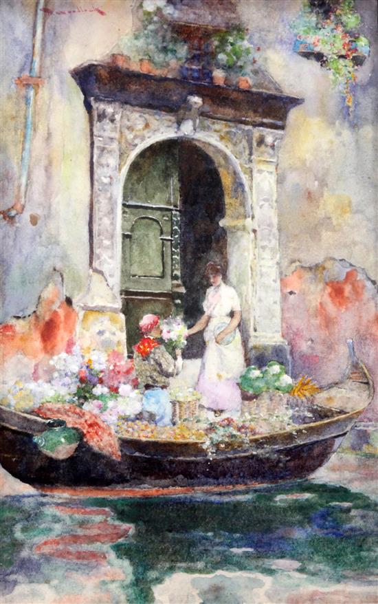 David Woodlock (1842-1929) Venetian flower sellers barge, 12 x 7.5in.